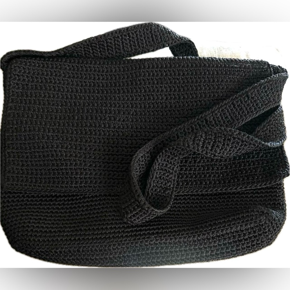 The Sak Black Large Crossbody Fold Over Flap Shoulder Tote Bag Crochet Woven NEW
